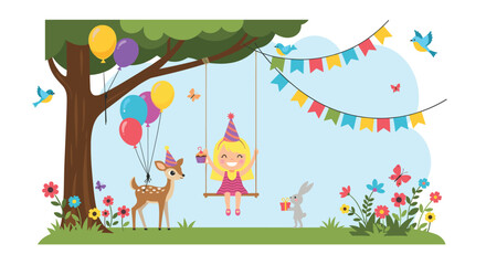 Obraz premium Magical park scene with a girl on a swing surrounded by a deer, rabbit, birds, butterflies, and balloons for a birthday party celebration.