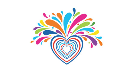 Fototapeta premium Vibrant heart symbol features multiple layers and colorful liquid splashes erupting from top against clean white background.
