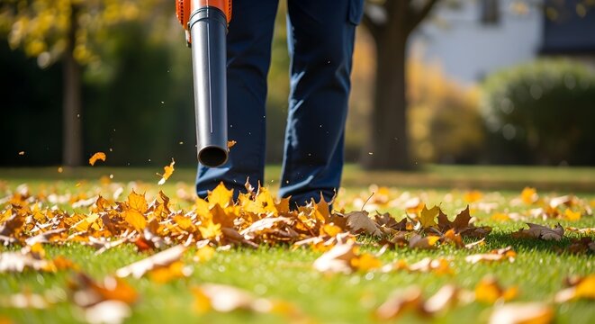 Close-up of a person efficiently clearing vibrant orange and brown autumn leaves from a lush green lawn using a powerful leaf blower, highlighting fall garden maintenance and outdoor chores