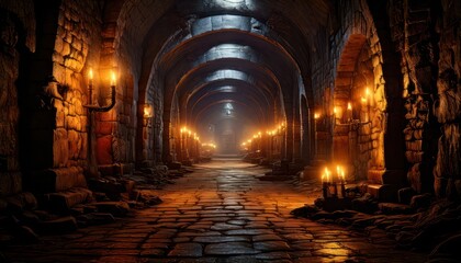 Fototapeta premium Mysterious Dungeon Corridor Illuminated by Flickering Candles and Distant Light.
