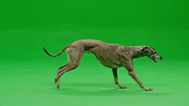 Elegant greyhound in motion against a vibrant green background.