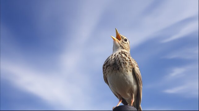 skylark. Skylark singing atop a tall utility pole against clear blue sky. wildlife magazines, conservation campaigns, designed for eco-tourism storytelling, supports conservation.
