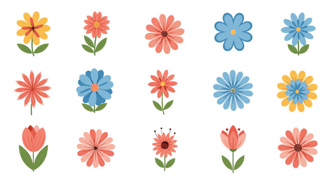 An assortment of beautifully drawn spring and summer flowers in cheerful colors, showcasing different petal designs on a clean background.