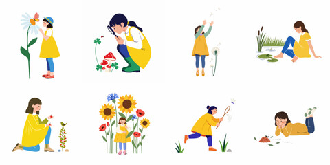 Children exploring and interacting with nature, observing insects, plants, and outdoor life in various delightful scenes. © Muqodimatul