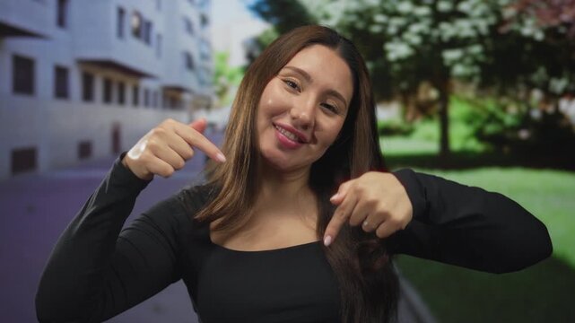 Hispanic woman wearing black top points both fingers downward on street amid green trees; invitation.