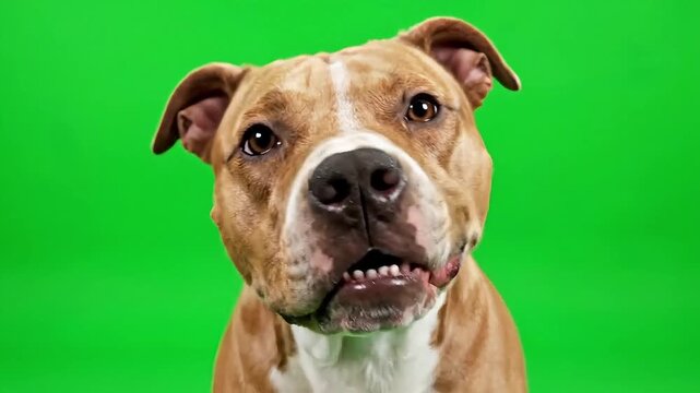 Expressive pit bull dog with a curious and slightly worried look on a green screen background