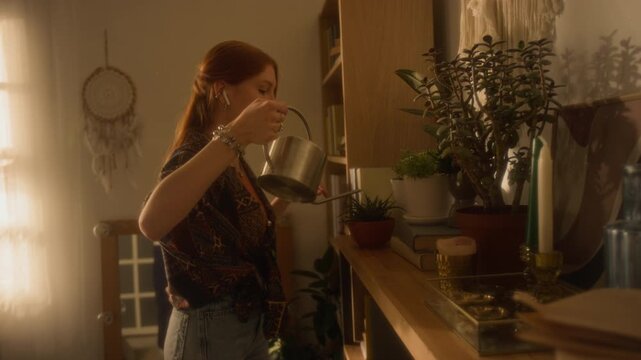 Side view shot of red haired young woman watering plants at home and listening to music with wireless earbuds enjoying weekend cleaning, copy space
