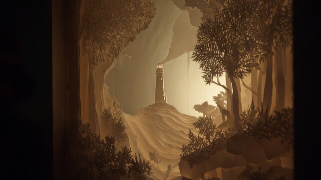 Corrugated cardboard paper-cut light box with lighthouse, layered forest, waves, and detailed trees, leaves, and grass illuminated from behind