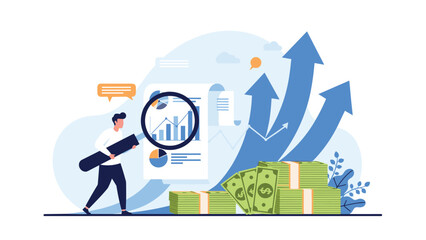 Financial analyst examining business growth and success with magnifying glass near money stacks and rising arrows.