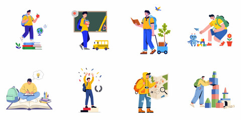 Fototapeta premium Youth Education and Development: Diverse Illustrations of Boys Exploring, Learning, Creating, and Achieving Academic Milestones.