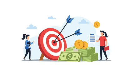 Successful business target and financial achievement concept with team focusing on goal near money stacks and documents.