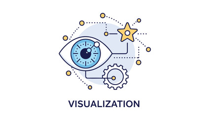 Obraz premium Data visualization and business intelligence concept with large eye icon connected to gear and successful star symbols.
