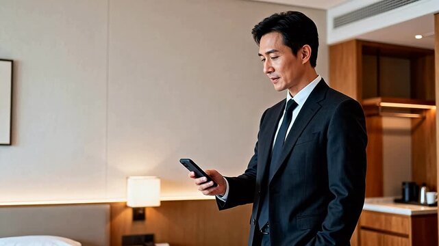 Man in suit using phone in hotel room