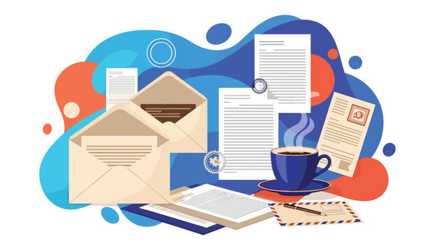 Business correspondence and office workspace concept with open envelopes documents and blue coffee cup icon.