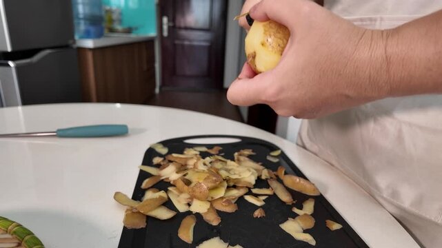 Female hands peel raw potatoes with a special knife for peeling vegetables