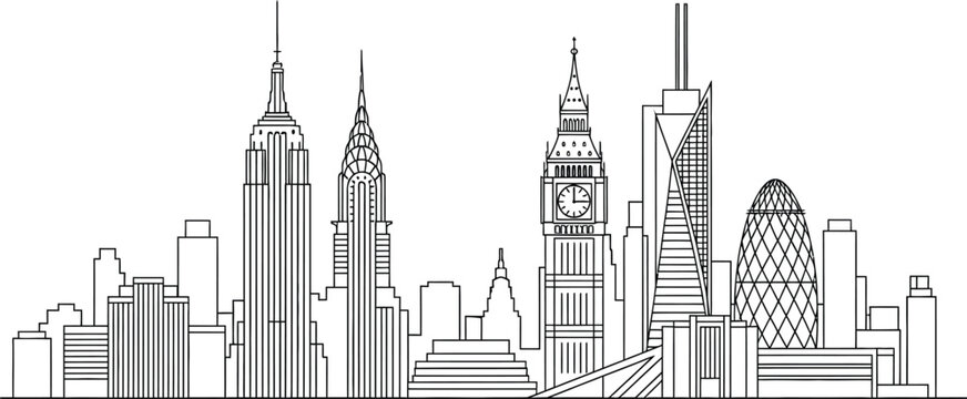 Iconic global city skyline vector illustration featuring famous architectural landmarks from New York and London, rendered in a minimalist black outline style on a clean white background.