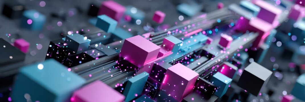 Abstract 3D rendering of colorful cubes and lines floating in a dark digital space with particles.