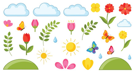 A vibrant collection of spring-themed illustrations featuring blooming flowers, fluttering butterflies, fluffy clouds, and a shining sun. © tr