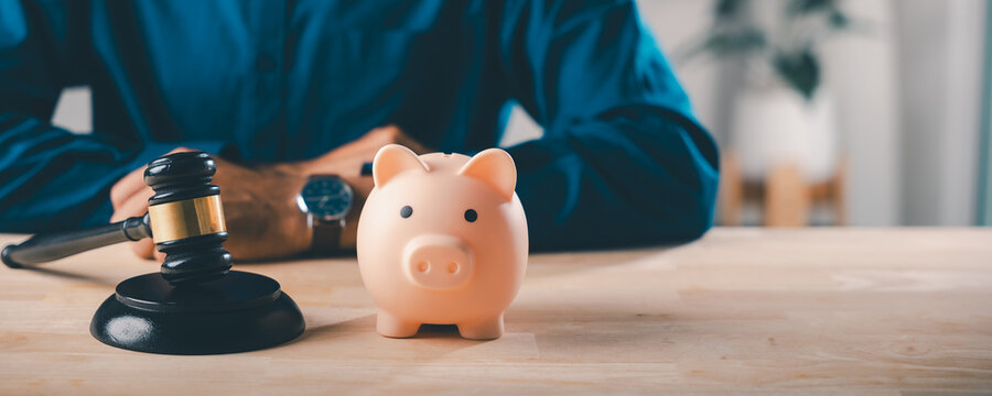 Finance legal money bank piggy salary services pig risk tax assessment for capital uses gavel on desk to show litigation regarding wealth management and law compliance for savings