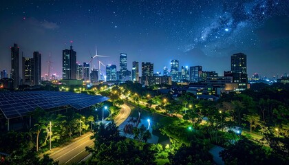 Obraz premium Nighttime cityscape with illuminated buildings and starry sky.