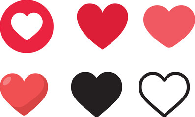 Set of red and pink shiny heart vector icons for Valentine love and romantic holiday design