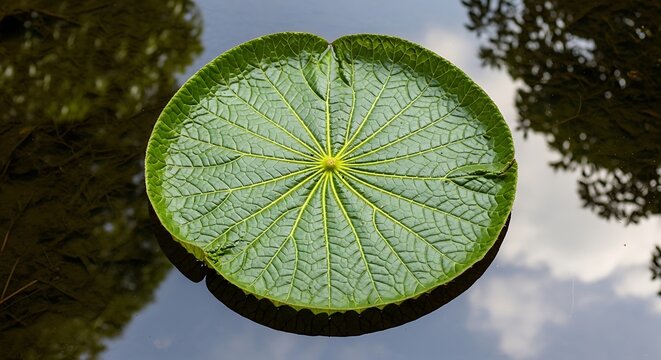 A serene water lily leaf floating gracefully on a calm surface of a natural pond. victoria amazonica