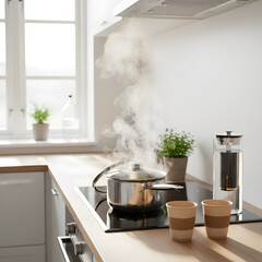 A steaming pot sits on a modern kitchen counter near a window with a potted plant and coffee maker, download (60).png reference
