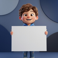 Cheerful 3D Animated Boy Holding a Blank White Sign with a Wide Smile