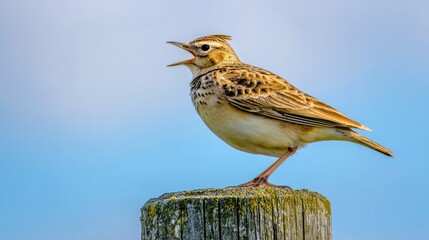 skylark. Skylark singing atop a tall utility pole against clear blue sky. wildlife magazines, conservation campaigns, designed for eco-tourism storytelling, supports conservation. 
