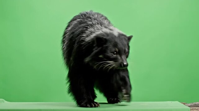 A binturong, also known as a bearcat, walking towards the camera on a green surface in front of a green screen.