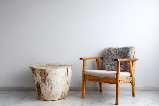 Natural wood furniture, a log side table and a rustic chair, create a cozy corner.