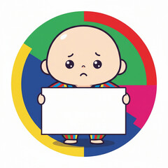Cute sad cartoon baby holding a blank sign standing against a vibrant multicolored circular background