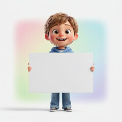 Happy 3D animated boy with a big smile holding a blank white sign standing in front of a soft colorful background