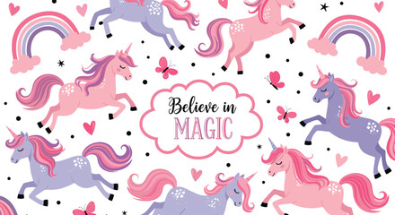 Believe in Magic Unicorn Pattern with Rainbows, Hearts and Butterflies Cute Fantasy Flat Vector Illustration © Yevhenii creative