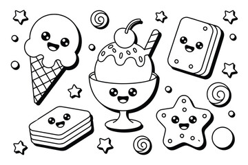 A colorful cartoon illustration of sweet treats with smiling faces