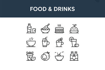 Food and drinks icons set for culinary designs and recipes