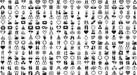 Fototapeta premium Wedding icons and symbols in black on white background for design and decoration
