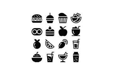 Food icon set with various black silhouettes on a beige background