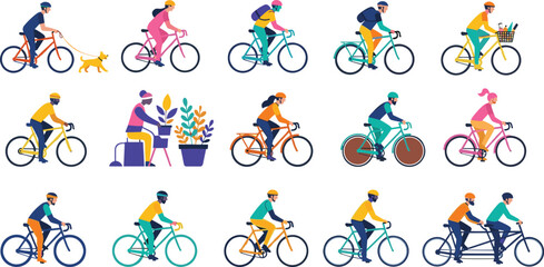 Colorful cycling people collection with urban bicyclists in different poses vector set for eco transport, active lifestyle, and city commuting design