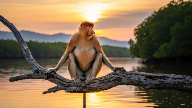 Proboscis Monkey Sitting on Tree Branch at Sunset Over Water