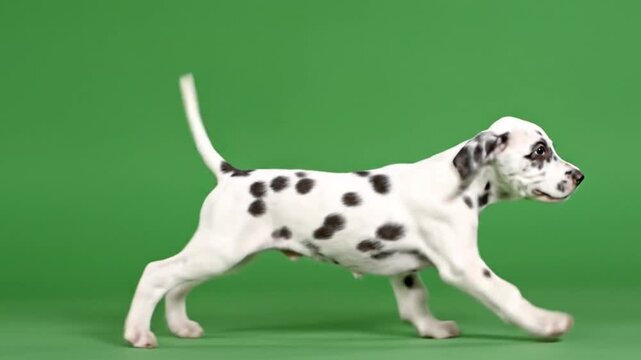 A cute Dalmatian puppy with black spots walking across a vibrant green background.