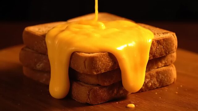 Golden liquid cheese lavishly melting onto a stack of toasted bread slices