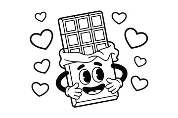 A cartoon chocolate bar character with hearts around it in black and white