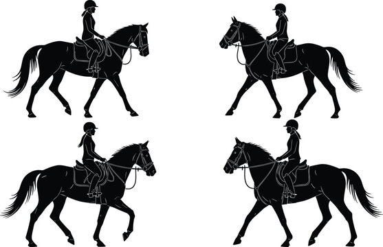 Horse rider silhouette set with equestrian woman in various riding poses vector collection for horseback sport and training design