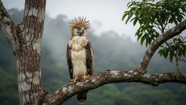 Philippine Eagle Perched on Tree Branch in Misty Forest