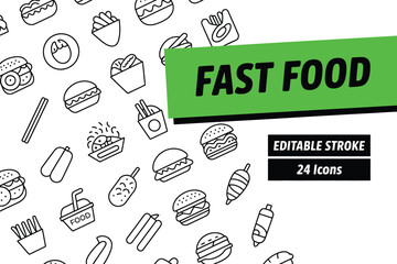 Fast food vector icons set with editable stroke and 24 illustrations