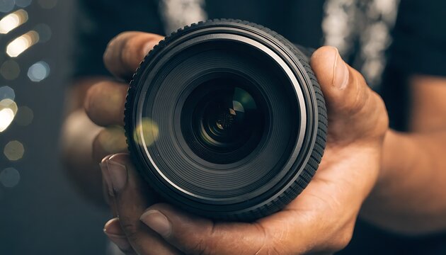 Professional DSLR camera lens held by photographer in close-up view for sharp photography and videography