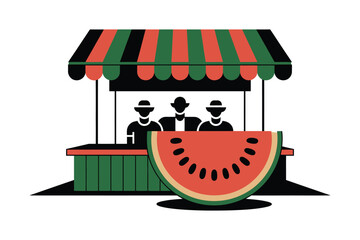 Watermelon vendor stand illustration with colorful striped awning and silhouetted people