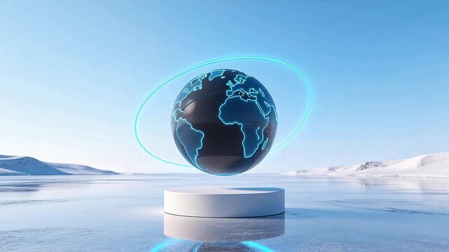 Globe with orbiting ring on icy surface