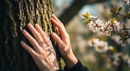 Woman's hands touching tree trunk with blossoming branches in background